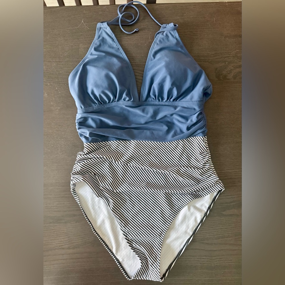 Women's Cupshe Blue & Black Striped One-Piece Swimsuit